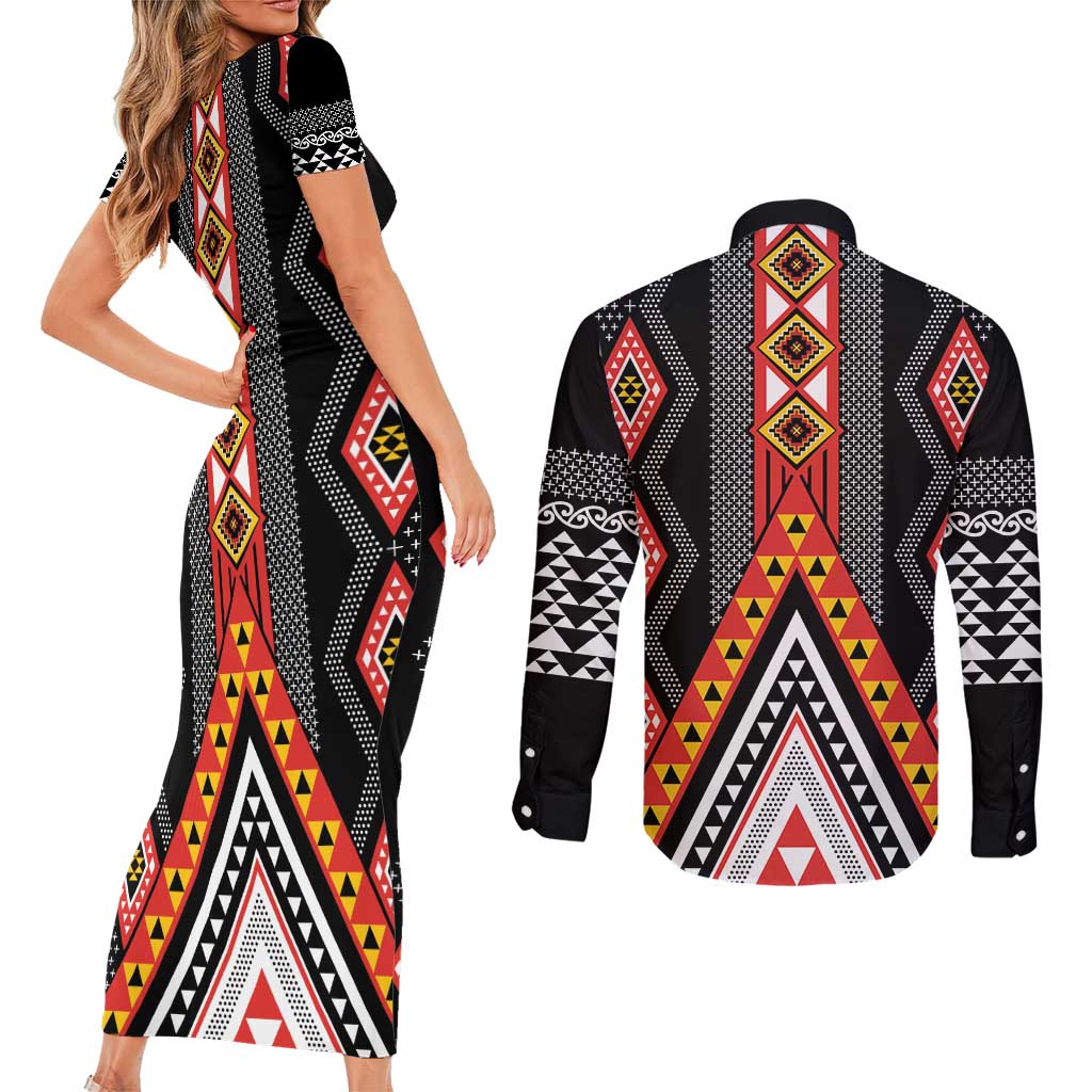 Niho Taniwha Taniko Motif Couples Matching Short Sleeve Bodycon Dress and Long Sleeve Button Shirt