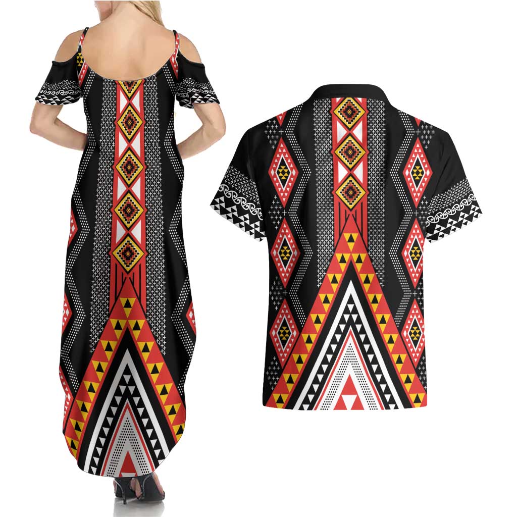 Niho Taniwha Taniko Motif Couples Matching Summer Maxi Dress and Hawaiian Shirt