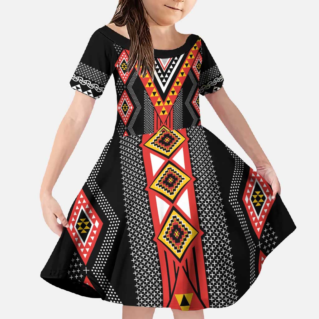 Niho Taniwha Taniko Motif Family Matching Long Sleeve Bodycon Dress and Hawaiian Shirt LT9 Daughter's Dress Red - Polynesian Pride