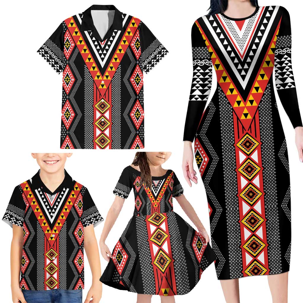 Niho Taniwha Taniko Motif Family Matching Long Sleeve Bodycon Dress and Hawaiian Shirt LT9 - Polynesian Pride