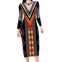 Niho Taniwha Taniko Motif Family Matching Long Sleeve Bodycon Dress and Hawaiian Shirt LT9 Mom's Dress Red - Polynesian Pride