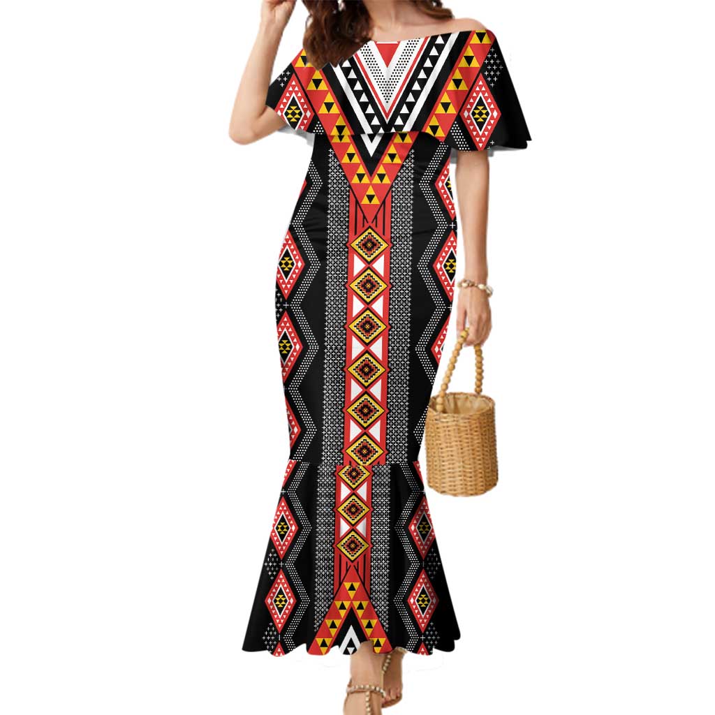 Niho Taniwha Taniko Motif Family Matching Mermaid Dress and Hawaiian Shirt LT9 Mom's Dress Red - Polynesian Pride