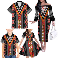 Niho Taniwha Taniko Motif Family Matching Off The Shoulder Long Sleeve Dress and Hawaiian Shirt LT9 - Polynesian Pride