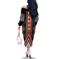 Niho Taniwha Taniko Motif Family Matching Off The Shoulder Long Sleeve Dress and Hawaiian Shirt LT9 - Polynesian Pride