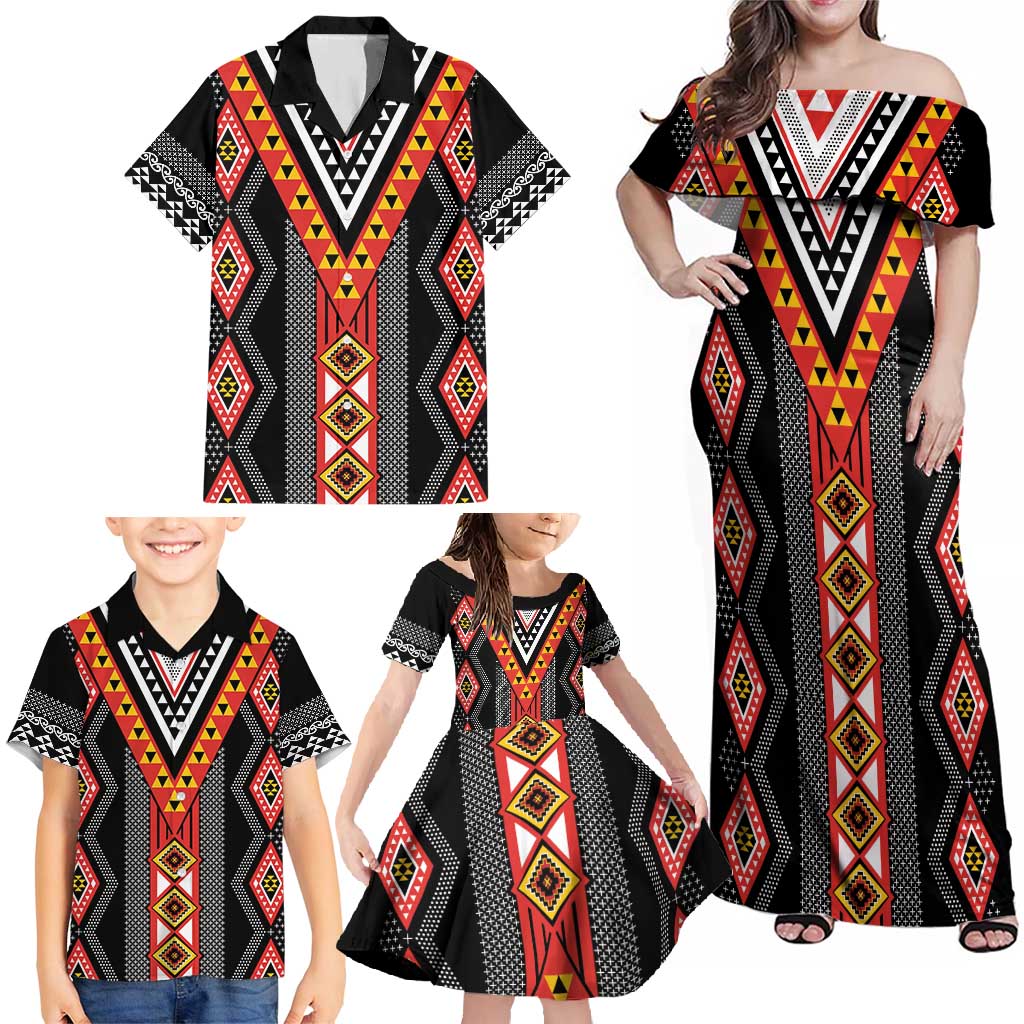 Niho Taniwha Taniko Motif Family Matching Off Shoulder Maxi Dress and Hawaiian Shirt