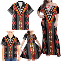 Niho Taniwha Taniko Motif Family Matching Off Shoulder Maxi Dress and Hawaiian Shirt