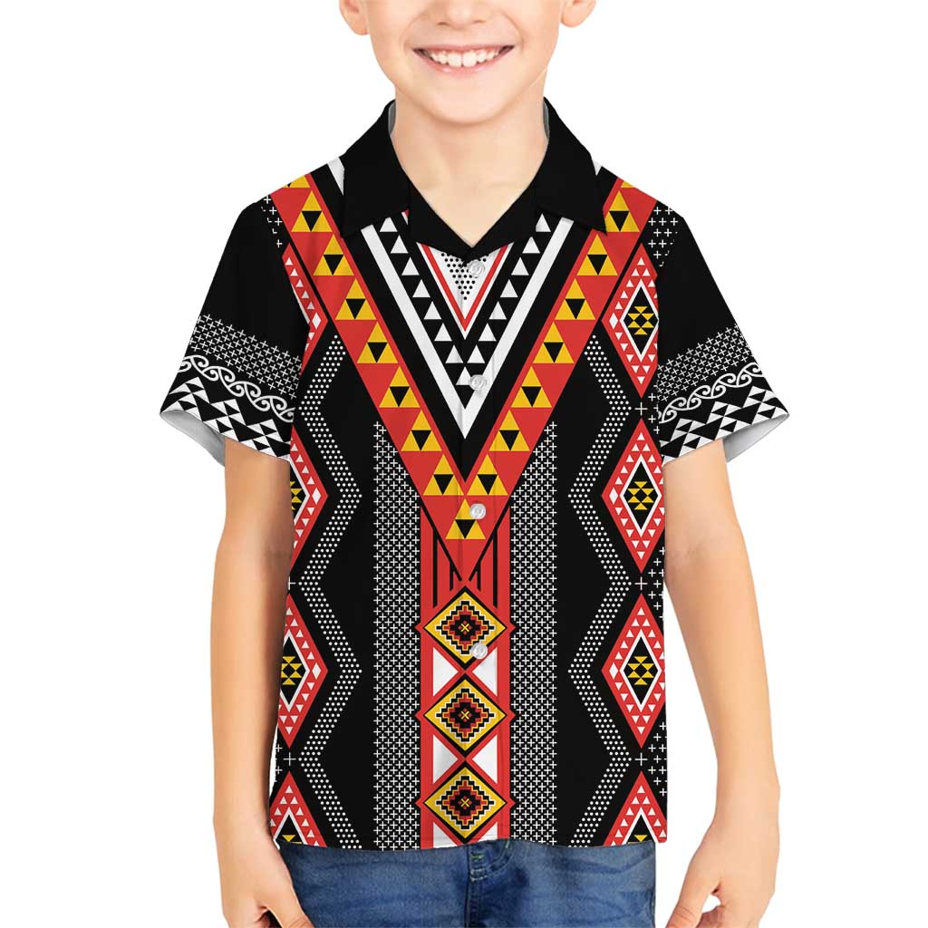 Niho Taniwha Taniko Motif Family Matching Off Shoulder Maxi Dress and Hawaiian Shirt