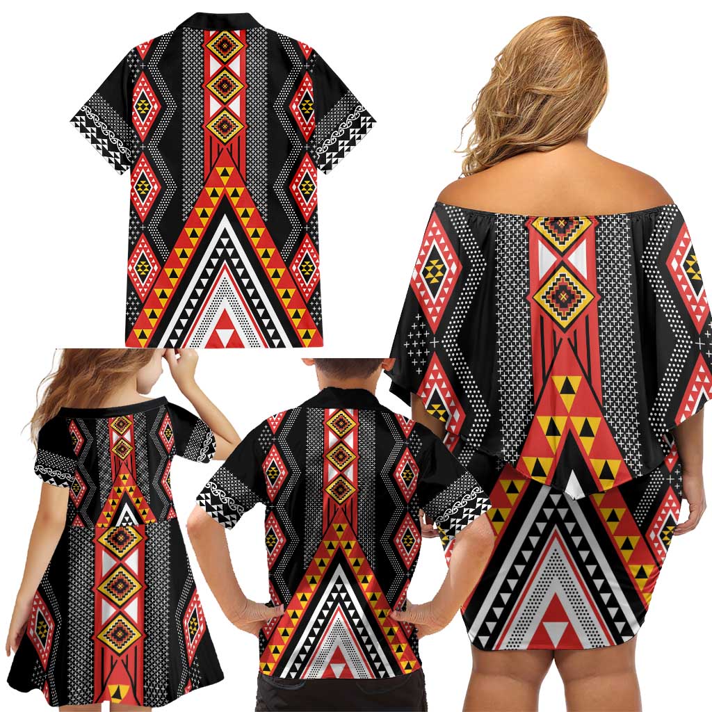 Niho Taniwha Taniko Motif Family Matching Off Shoulder Short Dress and Hawaiian Shirt