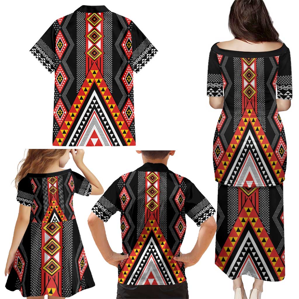 Niho Taniwha Taniko Motif Family Matching Puletasi and Hawaiian Shirt