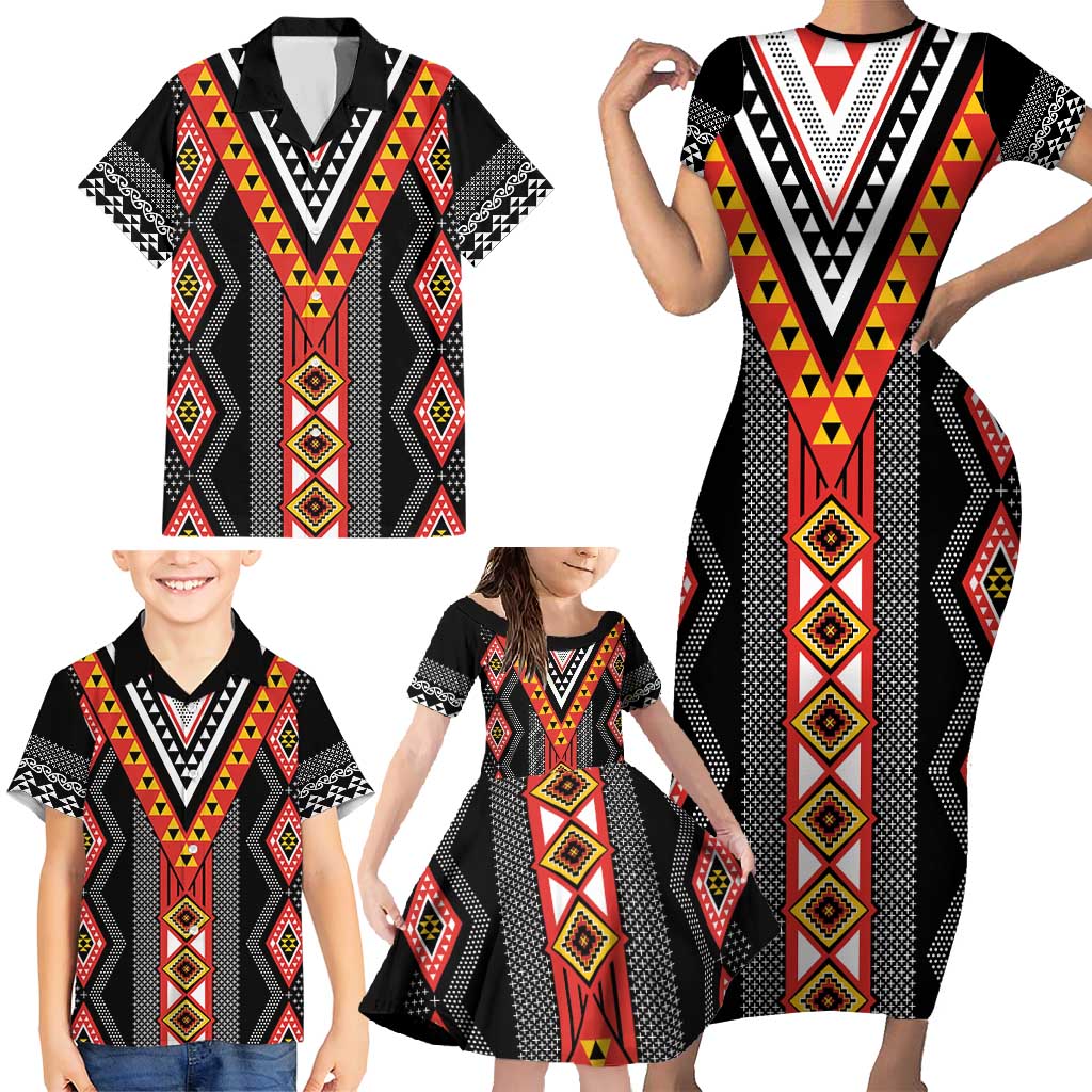 Niho Taniwha Taniko Motif Family Matching Short Sleeve Bodycon Dress and Hawaiian Shirt LT9 - Polynesian Pride