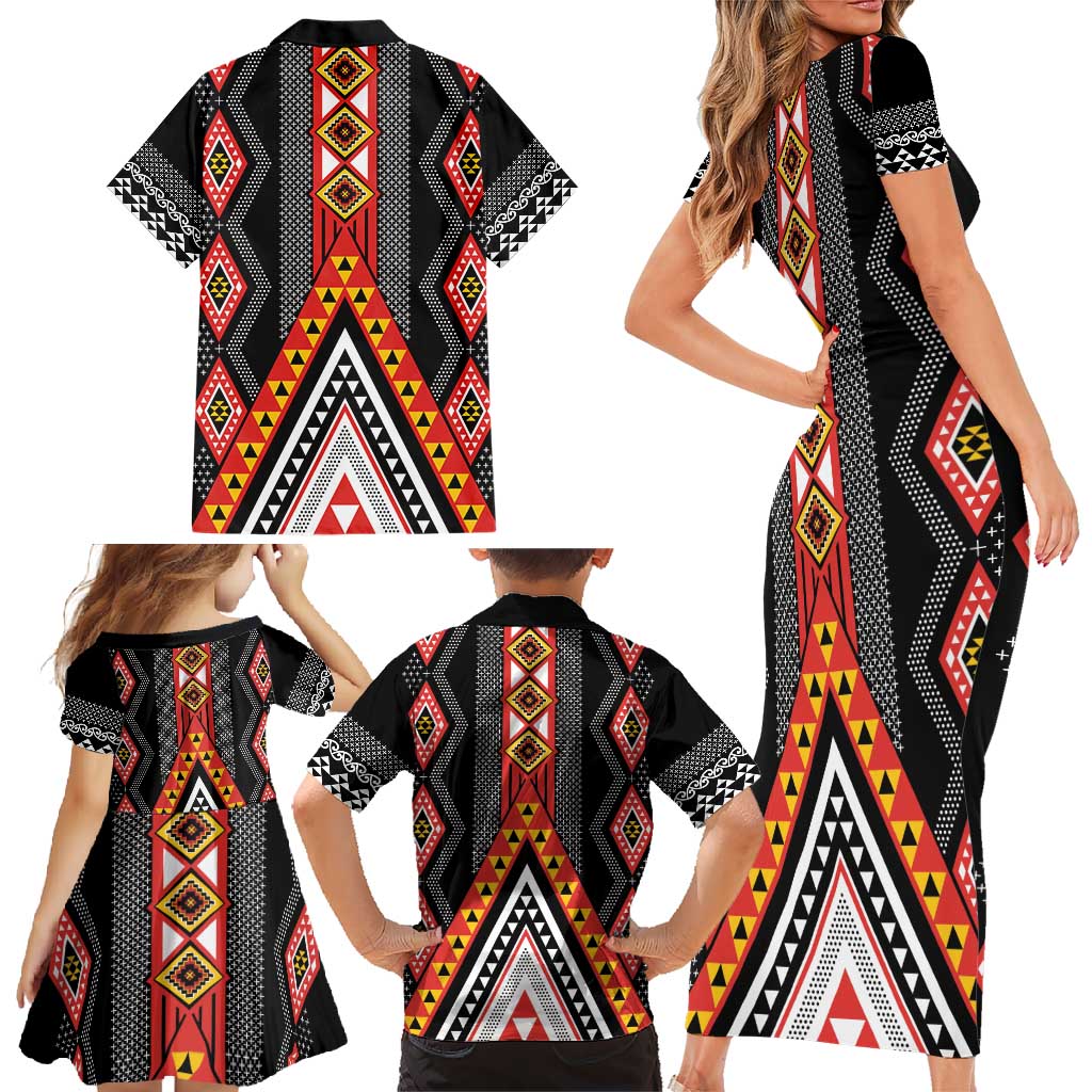 Niho Taniwha Taniko Motif Family Matching Short Sleeve Bodycon Dress and Hawaiian Shirt LT9 - Polynesian Pride