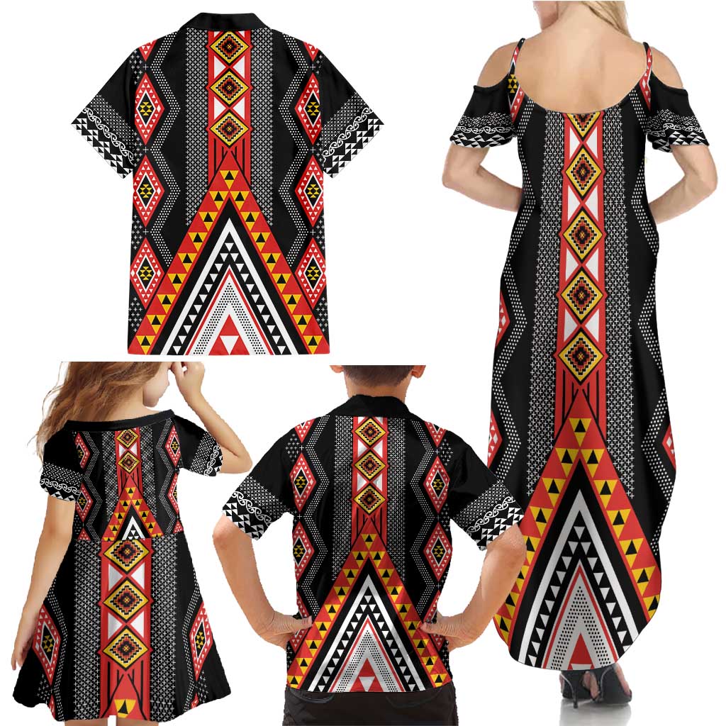 Niho Taniwha Taniko Motif Family Matching Summer Maxi Dress and Hawaiian Shirt