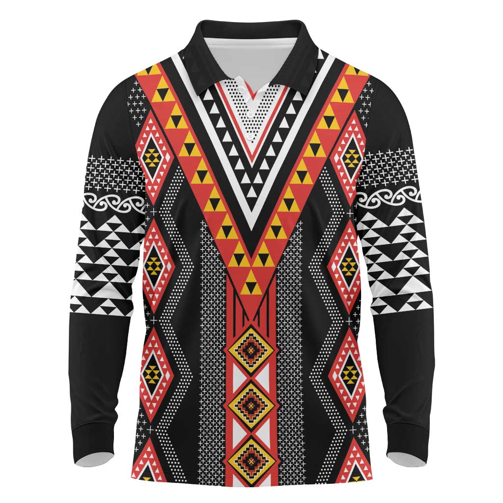 Niho Taniwha Taniko Motif Long Sleeve Polo Shirt