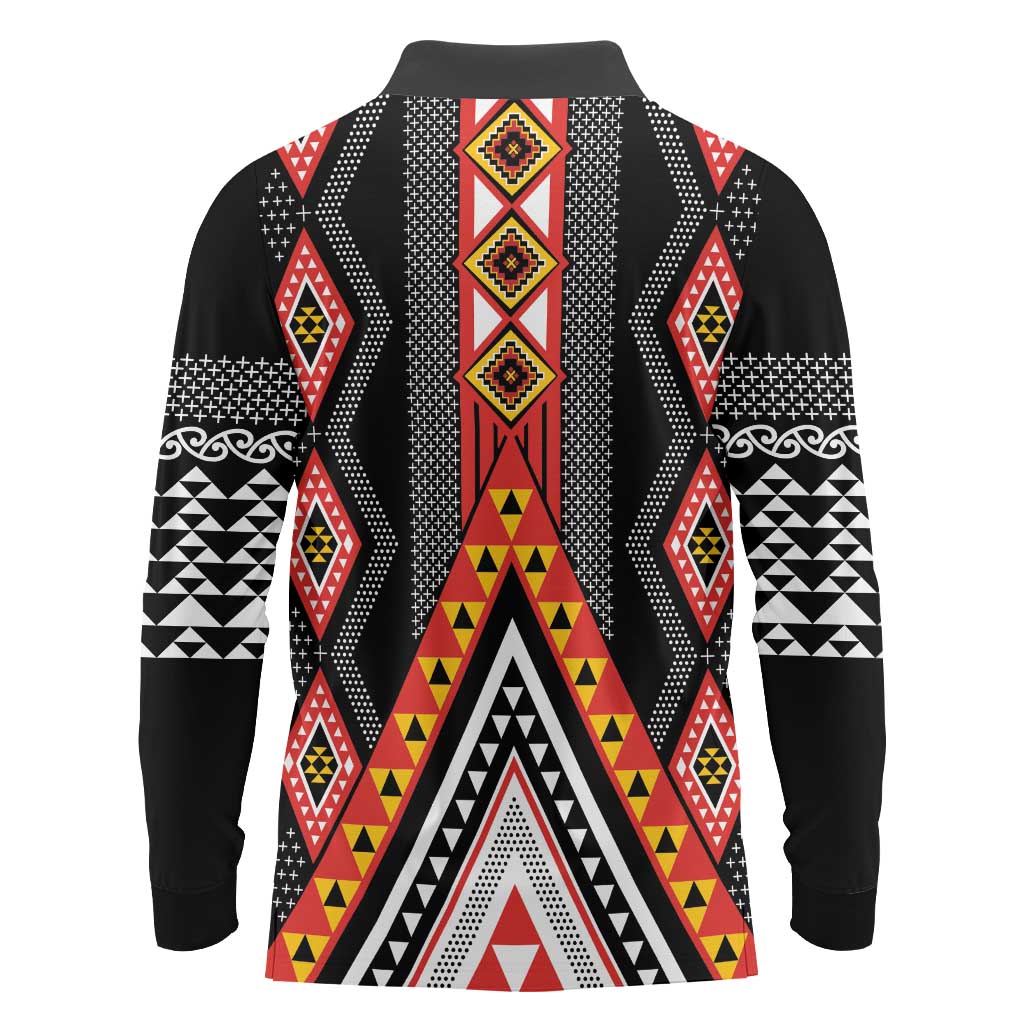 Niho Taniwha Taniko Motif Long Sleeve Polo Shirt
