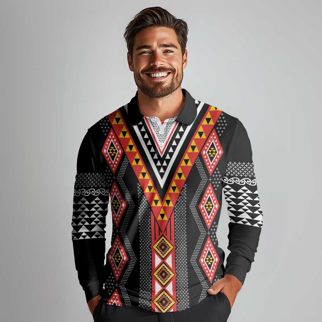 Niho Taniwha Taniko Motif Long Sleeve Polo Shirt
