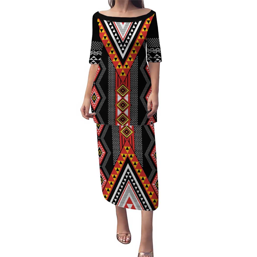 Niho Taniwha Taniko Motif Puletasi LT9 Long Dress Red - Polynesian Pride