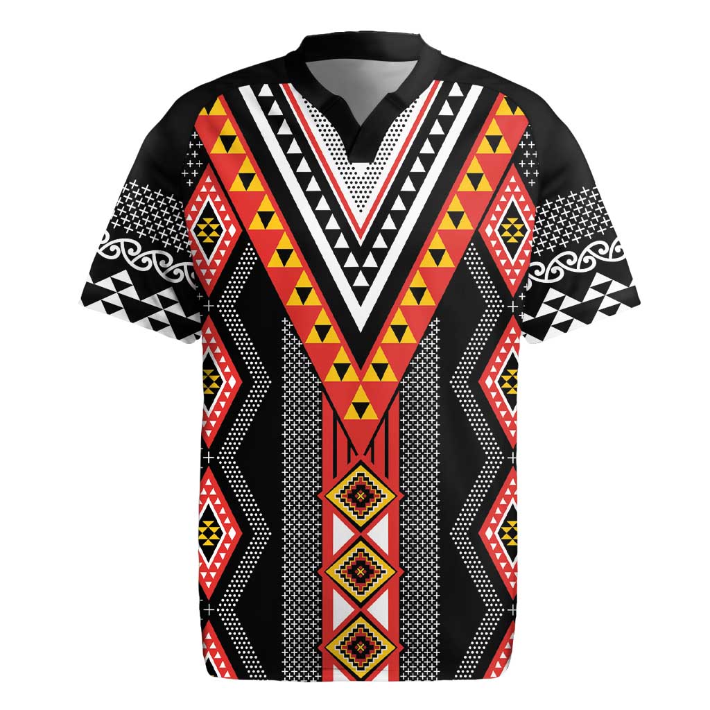 Niho Taniwha Taniko Motif Rugby Jersey LT9 Red - Polynesian Pride