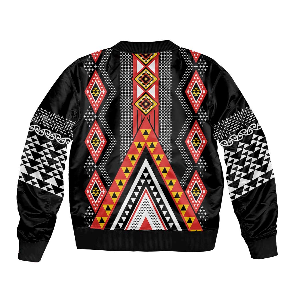 Niho Taniwha Taniko Motif Sleeve Zip Bomber Jacket