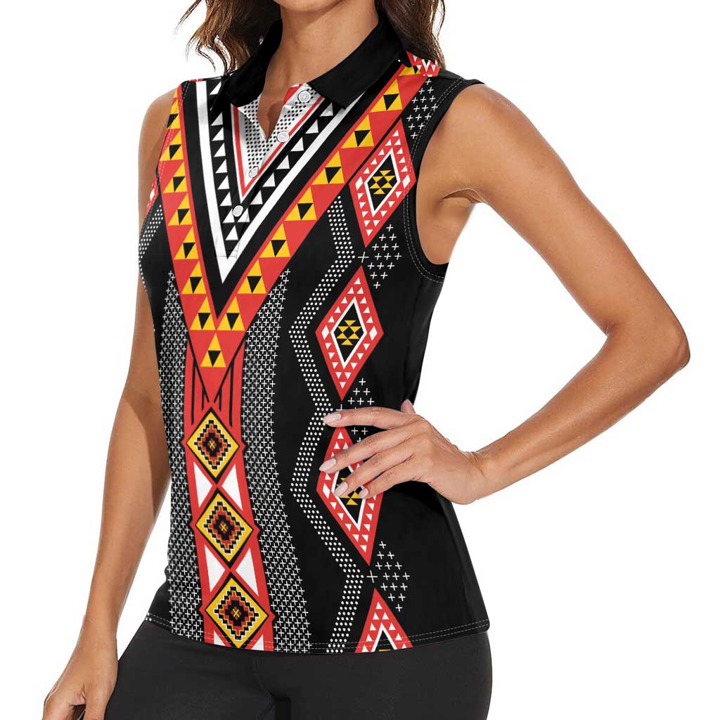 Niho Taniwha Taniko Motif Women Sleeveless Polo Shirt