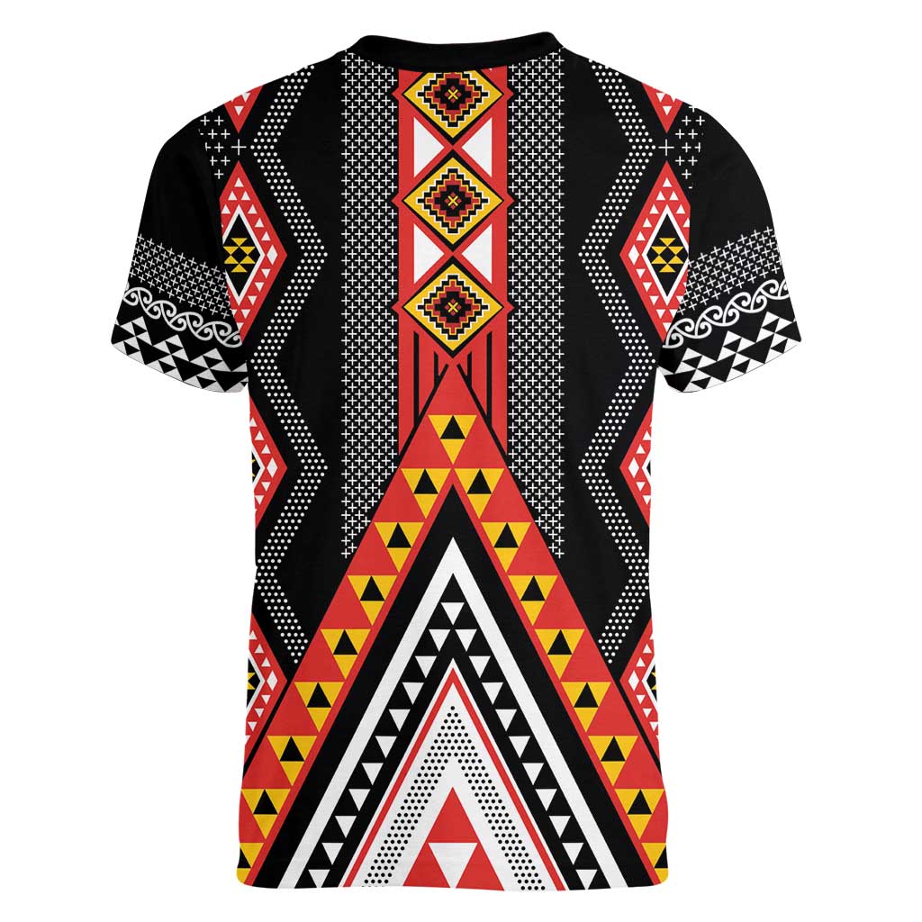 Niho Taniwha Taniko Motif Women V-Neck T-Shirt