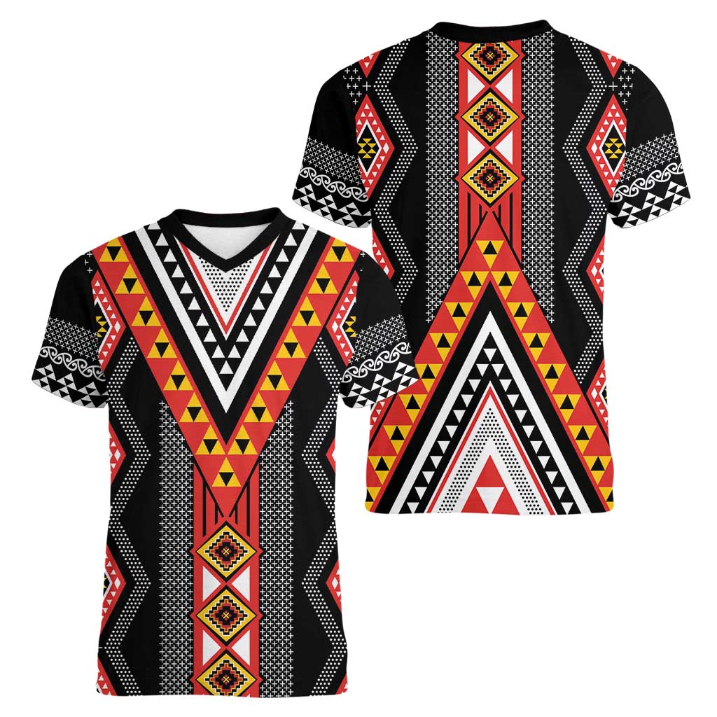 Niho Taniwha Taniko Motif Women V-Neck T-Shirt