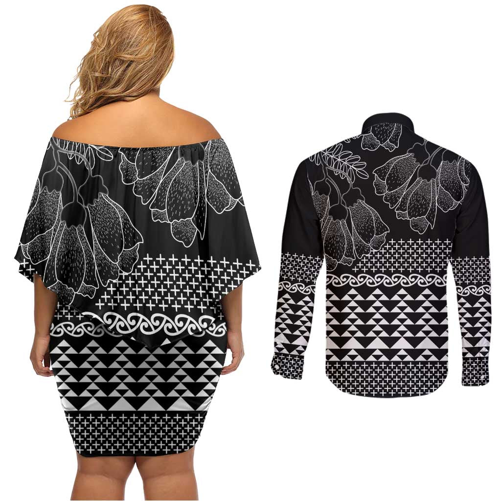Black Taniko Kowhaiwhai Tukutuku Motif Couples Matching Off Shoulder Short Dress and Long Sleeve Button Shirt