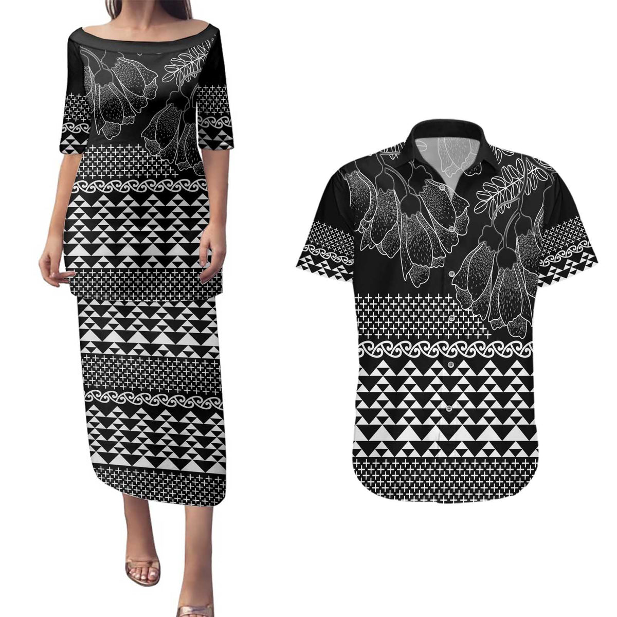 Black Taniko Kowhaiwhai Tukutuku Motif Couples Matching Puletasi and Hawaiian Shirt