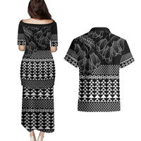 Black Taniko Kowhaiwhai Tukutuku Motif Couples Matching Puletasi and Hawaiian Shirt