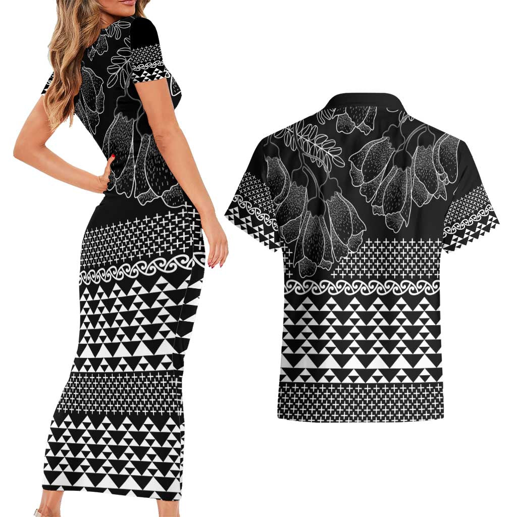 Black Taniko Kowhaiwhai Tukutuku Motif Couples Matching Short Sleeve Bodycon Dress and Hawaiian Shirt LT9 - Polynesian Pride
