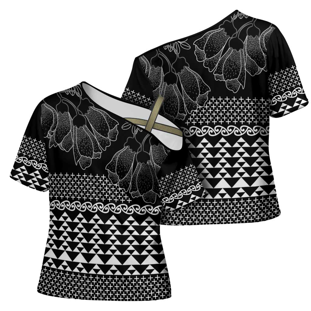 Black Taniko Kowhaiwhai Tukutuku Motif Cross Shoulder Shirt - Polynesian Pride
