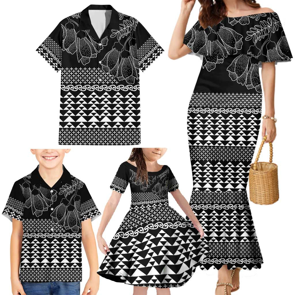Black Taniko Kowhaiwhai Tukutuku Motif Family Matching Mermaid Dress and Hawaiian Shirt LT9 - Polynesian Pride