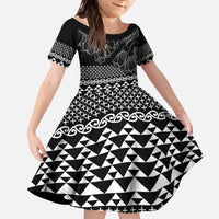 Black Taniko Kowhaiwhai Tukutuku Motif Family Matching Off The Shoulder Long Sleeve Dress and Hawaiian Shirt LT9 Daughter's Dress Black - Polynesian Pride