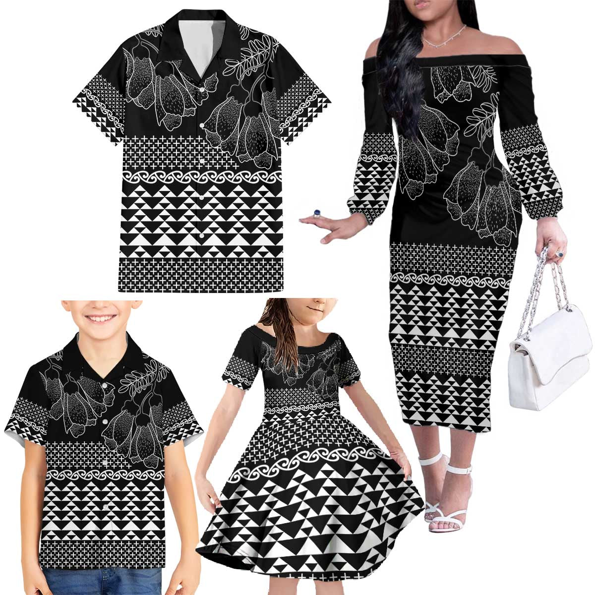 Black Taniko Kowhaiwhai Tukutuku Motif Family Matching Off The Shoulder Long Sleeve Dress and Hawaiian Shirt LT9 - Polynesian Pride