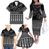 Black Taniko Kowhaiwhai Tukutuku Motif Family Matching Off The Shoulder Long Sleeve Dress and Hawaiian Shirt LT9 - Polynesian Pride
