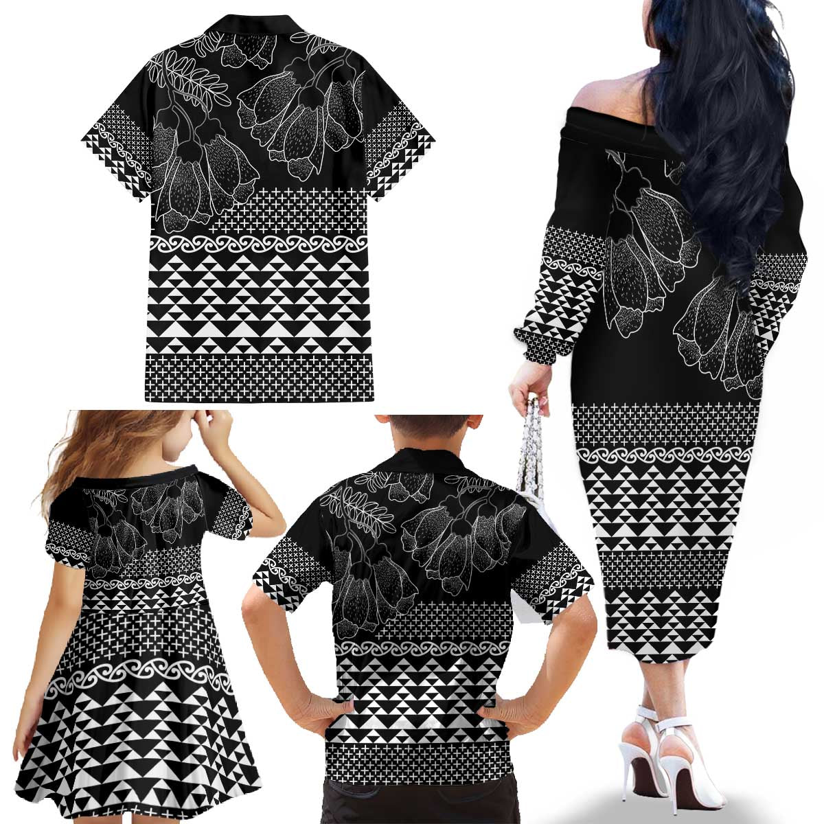 Black Taniko Kowhaiwhai Tukutuku Motif Family Matching Off The Shoulder Long Sleeve Dress and Hawaiian Shirt LT9 - Polynesian Pride