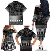 Black Taniko Kowhaiwhai Tukutuku Motif Family Matching Off The Shoulder Long Sleeve Dress and Hawaiian Shirt LT9 - Polynesian Pride