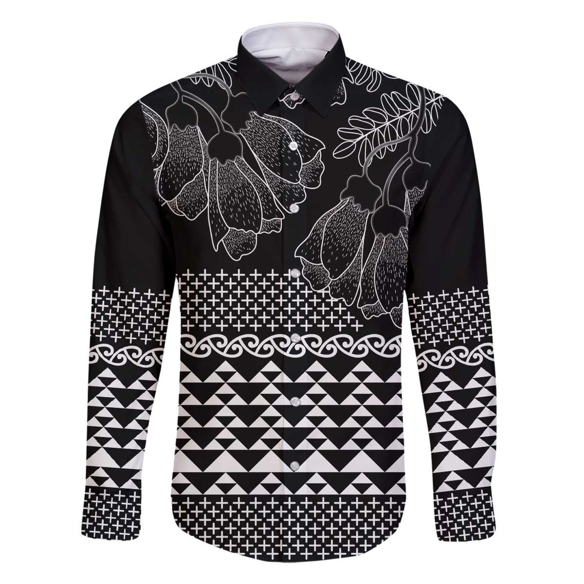 Black Taniko Kowhaiwhai Tukutuku Motif Family Matching Off The Shoulder Long Sleeve Dress and Hawaiian Shirt LT9 Dad's Shirt - Long Sleeve Black - Polynesian Pride