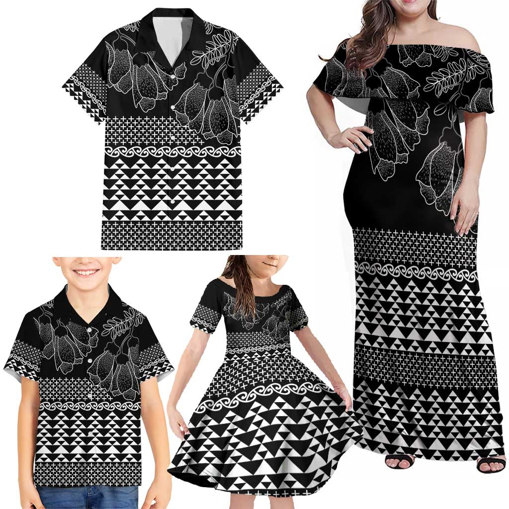 Black Taniko Kowhaiwhai Tukutuku Motif Family Matching Off Shoulder Maxi Dress and Hawaiian Shirt LT9 - Polynesian Pride
