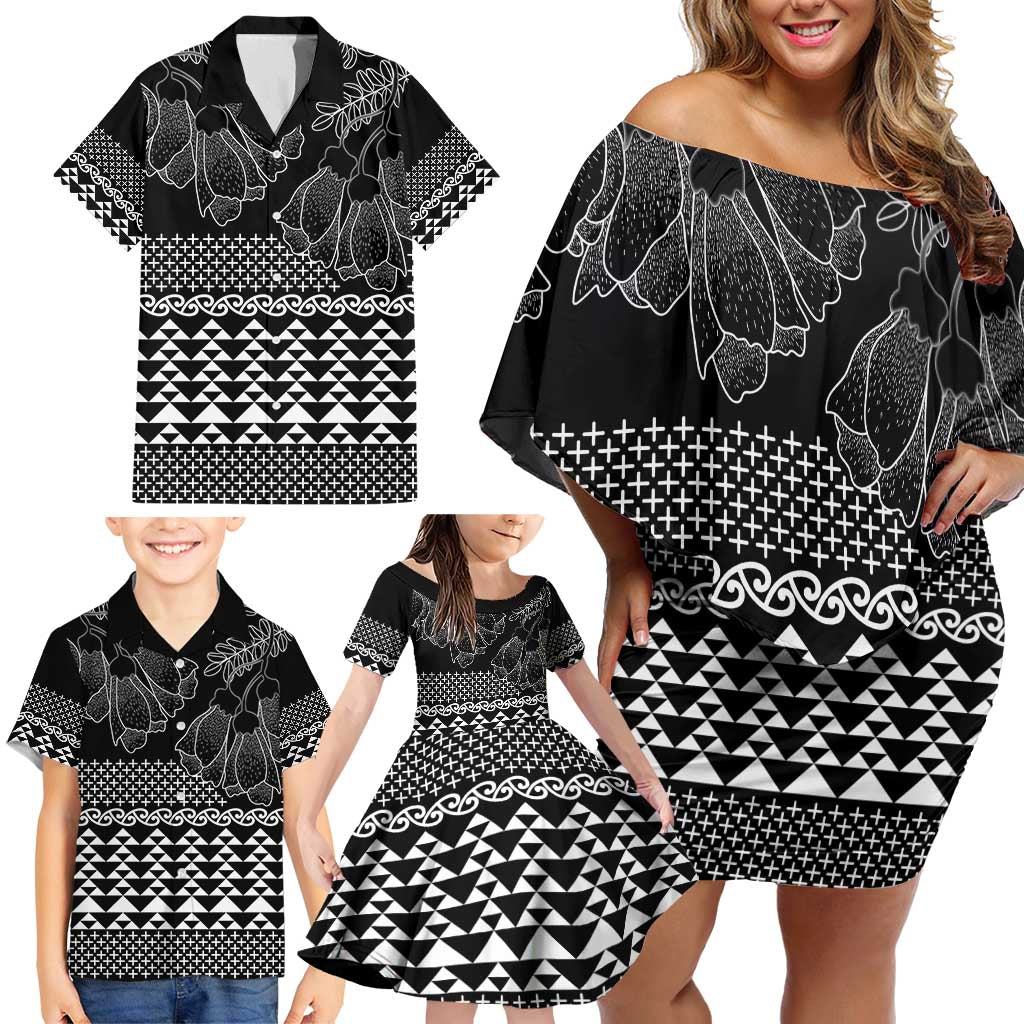 Black Taniko Kowhaiwhai Tukutuku Motif Family Matching Off Shoulder Short Dress and Hawaiian Shirt LT9 - Polynesian Pride