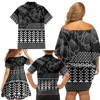Black Taniko Kowhaiwhai Tukutuku Motif Family Matching Off Shoulder Short Dress and Hawaiian Shirt LT9 - Polynesian Pride