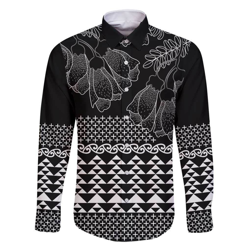 Black Taniko Kowhaiwhai Tukutuku Motif Family Matching Off Shoulder Short Dress and Hawaiian Shirt LT9 Dad's Shirt - Long Sleeve Black - Polynesian Pride