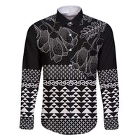 Black Taniko Kowhaiwhai Tukutuku Motif Family Matching Off Shoulder Short Dress and Hawaiian Shirt LT9 Dad's Shirt - Long Sleeve Black - Polynesian Pride