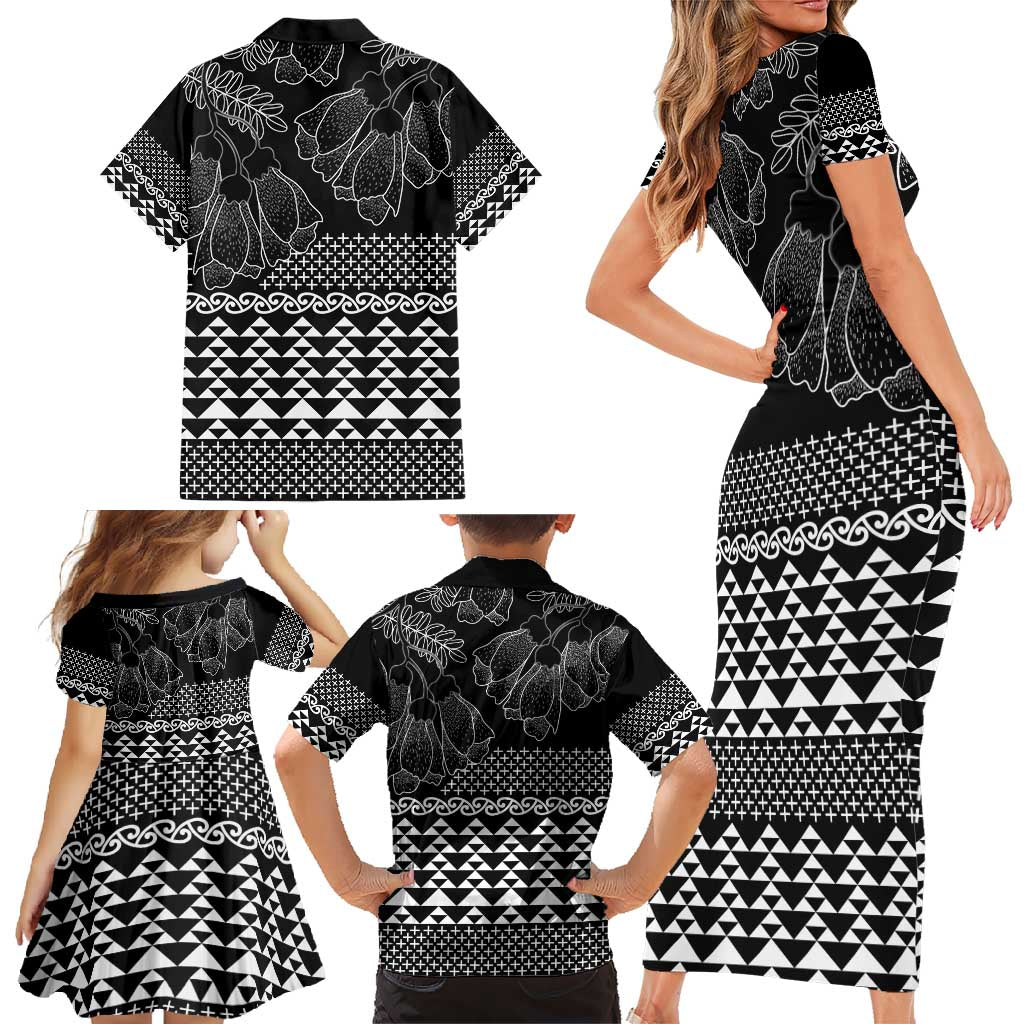 Black Taniko Kowhaiwhai Tukutuku Motif Family Matching Short Sleeve Bodycon Dress and Hawaiian Shirt LT9 - Polynesian Pride