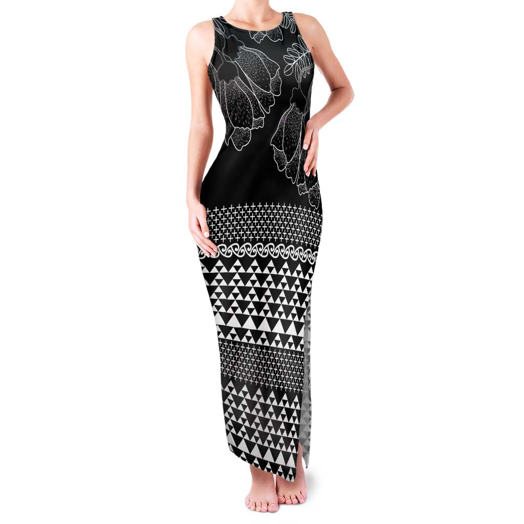 Black Taniko Kowhaiwhai Tukutuku Motif Family Matching Tank Maxi Dress and Hawaiian Shirt LT9 Mom's Dress Black - Polynesian Pride