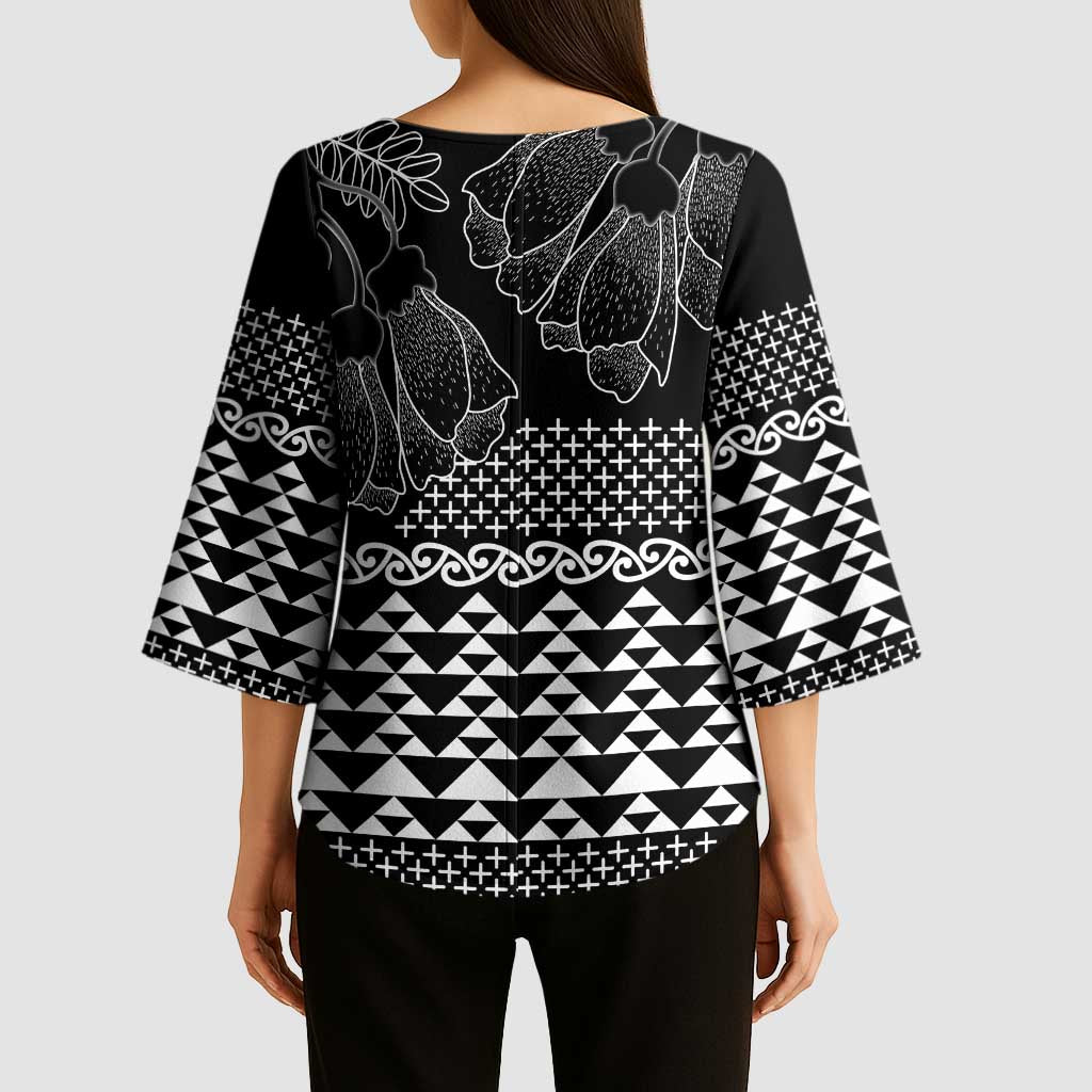 Black Taniko Kowhaiwhai Tukutuku Motif Kimono Sleeve Blouse LT9 - Polynesian Pride