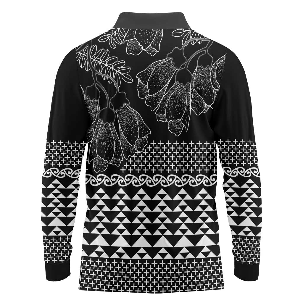 Black Taniko Kowhaiwhai Tukutuku Motif Long Sleeve Polo Shirt