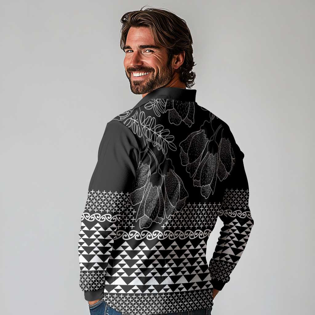 Black Taniko Kowhaiwhai Tukutuku Motif Long Sleeve Polo Shirt
