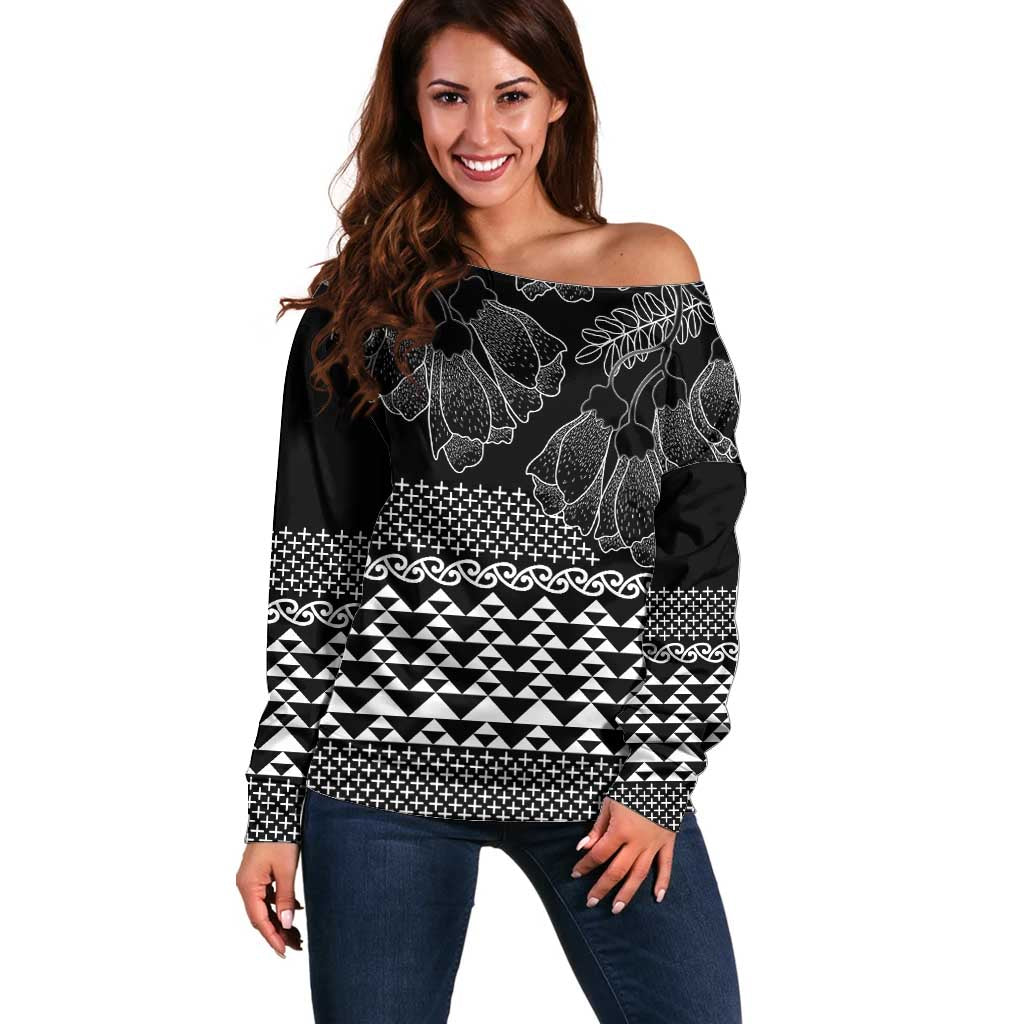 Black Taniko Kowhaiwhai Tukutuku Motif Off Shoulder Sweater LT9 Women Black - Polynesian Pride
