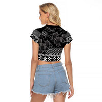 Black Taniko Kowhaiwhai Tukutuku Motif Raglan Cropped T Shirt