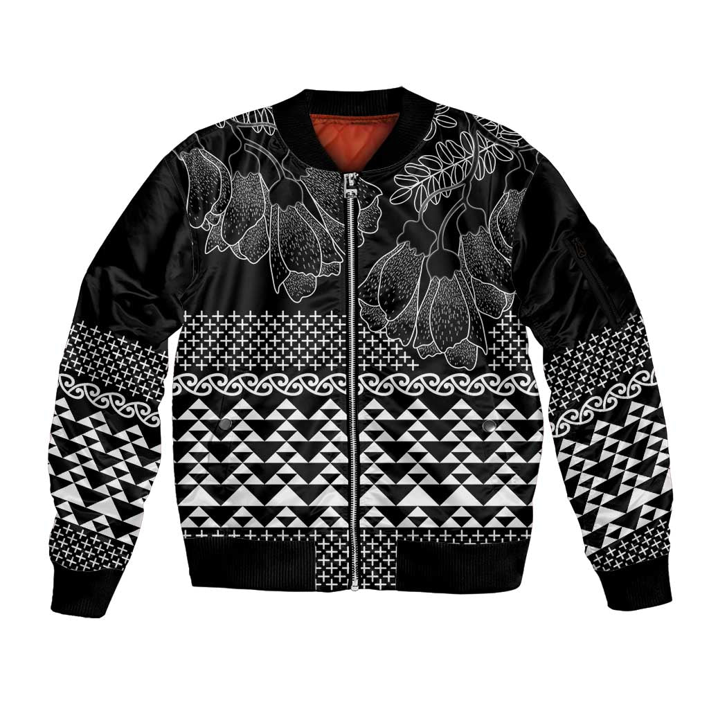 Black Taniko Kowhaiwhai Tukutuku Motif Sleeve Zip Bomber Jacket LT9 Unisex Black - Polynesian Pride